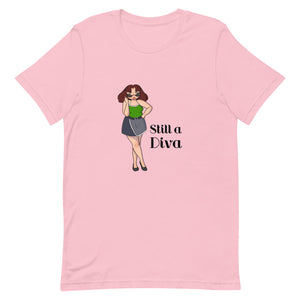 Plus size woman on pink shirt and a phrase "Still a Diva"