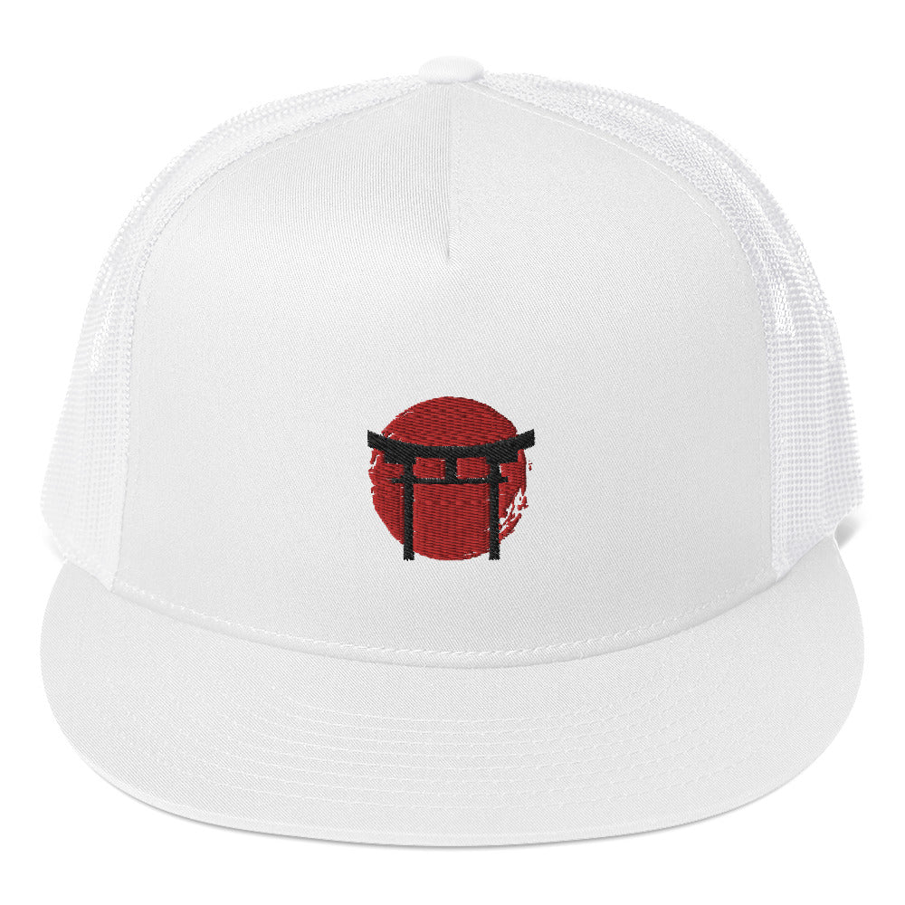 White trucker mesh trucker cap with the red sunset and a Japanese Torii