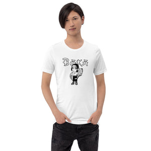 Signature caricature "Baka" by Baka.Visuals on white shirt.